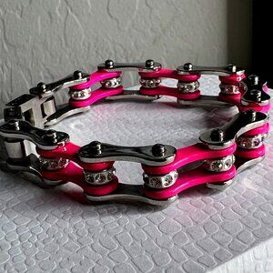 Bracelet - Pink & Silver Bike Chain - Stainless Steel with Rhinestones